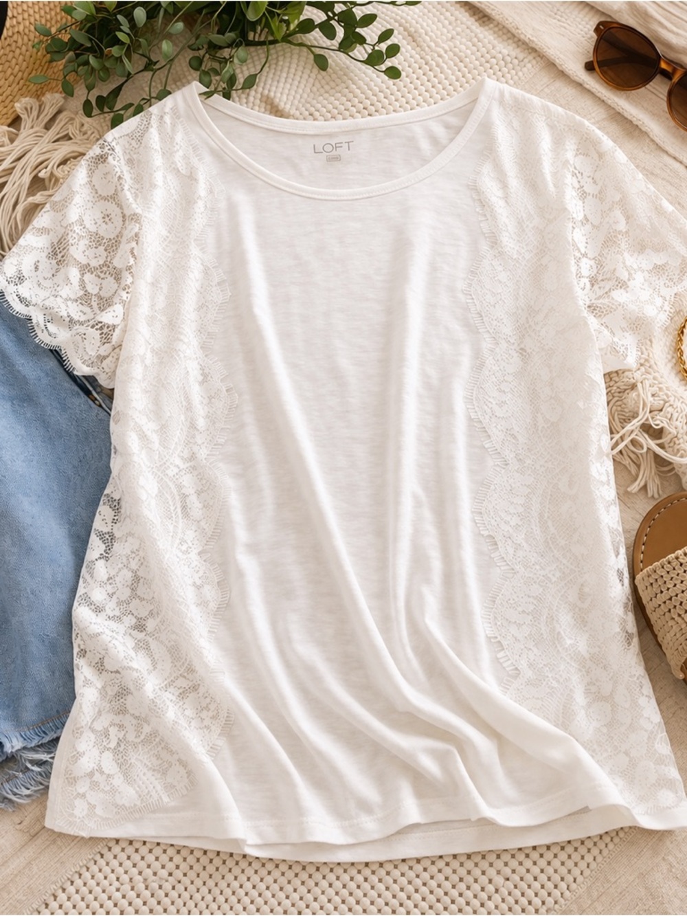 LOFT White Lace Trim Short Sleeve Tee | Feminine Detail | Lightweight Casual Top
